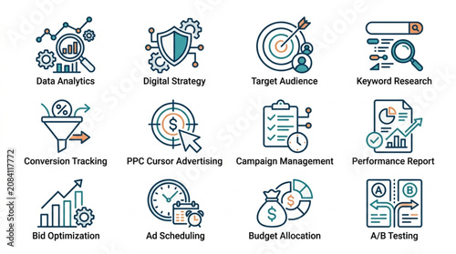 Digital Marketing Icons Set for Business Strategy and Analytics.