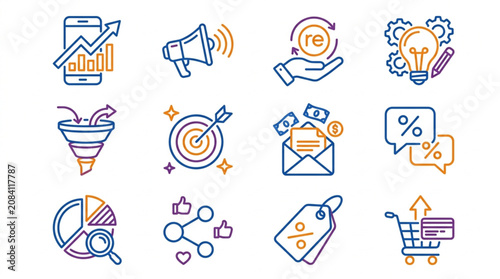 Digital Marketing Icons Set for Business Growth and Strategy.