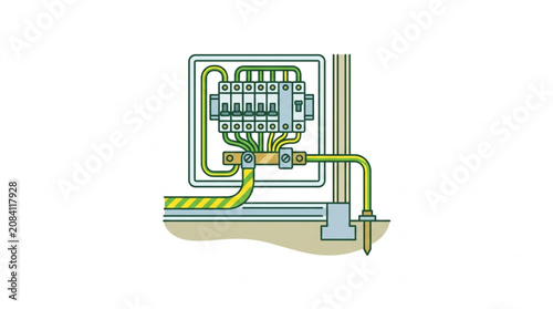 Electrical circuit breaker panel with grounding wire connection.