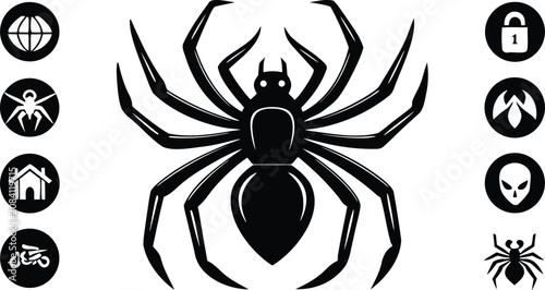 Black spider icon design with a collection of various simple web interface navigation symbols