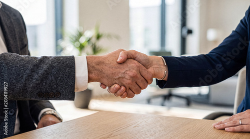 Картината върху платно Close-up of a professional business handshake between a man and a woman across a wooden conference table
