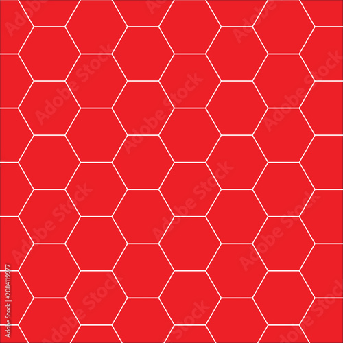 Seamless hexagon pattern inspired by football ball panels with white outlines on a red background. Minimal geometric design for sports, fabric, wallpaper, packaging, and backgrounds.