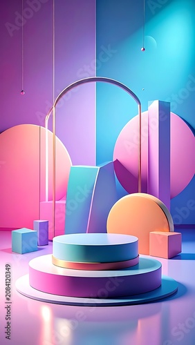 A futuristic neon-lit room with geometric shapes