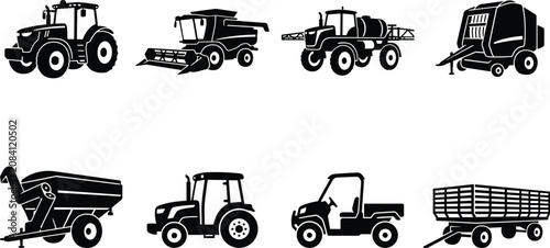Cuadro en lienzo Agricultural Machinery Silhouette Vector Set with Farm Equipment