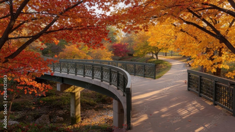 Obraz premium A picturesque walking path leads across a curved metal bridge through a tranquil park filled with vibrant red and golden maple trees during a sunny afternoon at the peak of the autumn season chan