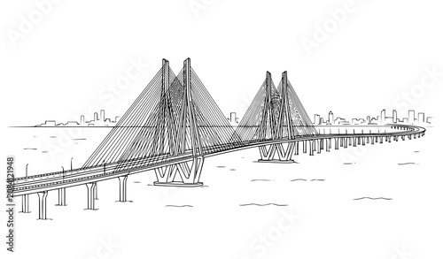 Bandra Worli Sea Link Mumbai Skyline Hand Drawn Line Art Vector Illustration