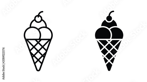 Double scoop ice cream cone icons featuring topped cherry in outline and solid silhouette style for dessert menu and summer graphics refreshing isolated minimalist