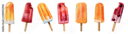Photography Colorful watercolor popsicles arrayed on a white background, offering a refreshi