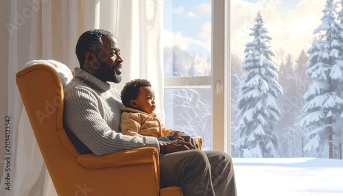 A grandfather, with gray beard, and child gaze out a sunny window at a snowy winter scene. They are seated together, in a warm armchair