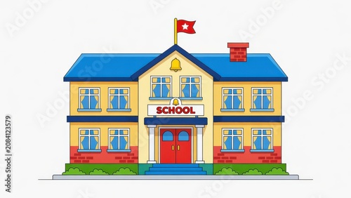 A colorful educational building structure featuring large windows and red front doors showcases a festive flag waving on the roof while representing primary learning institutions for inquisitive