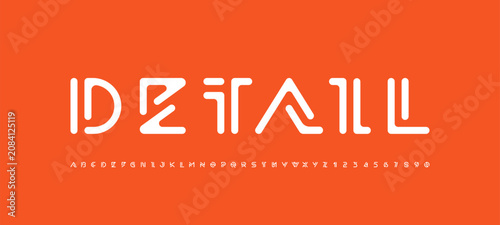 Logo font alphabet from segment rounded lines, technology letters A, B, C, D, E, F, G, H, I, J, K, L, M, N, O, P, Q, R, S, T, U, V, W, X, Y, Z and numerals 0, 1, 2, 3, 4, 5, 6, 7, 8, 9, vector