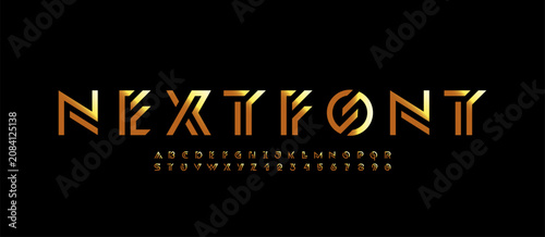 Logo font alphabet from segment gold lines, technology letters A, B, C, D, E, F, G, H, I, J, K, L, M, N, O, P, Q, R, S, T, U, V, W, X, Y, Z and numerals 0, 1, 2, 3, 4, 5, 6, 7, 8, 9, vector