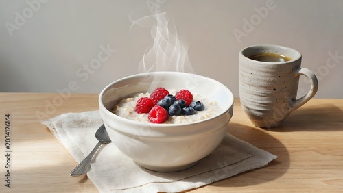 A delicious and healthy breakfast with fresh berries, steaming oatmeal, and a cup of coffee on a wooden table.