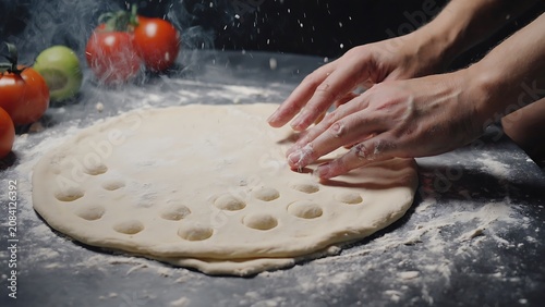 Crafting Pizza Dough: A Culinary Art in Motion with Fresh Tomatoes and Flour