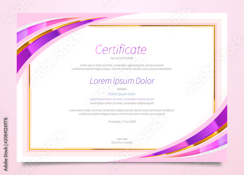 Certificate template features elegant purple and gold curves to provide a professional layout for academic achievements or business awards.