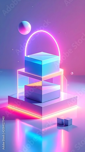 A futuristic neon-lit scene with geometric shapes