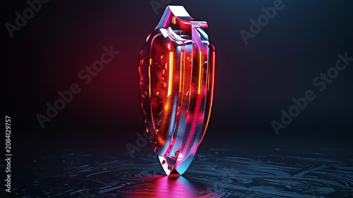 Rotating glass shield with vibrant lighting and reflective surface effects