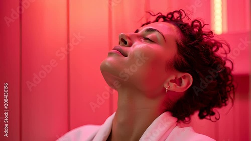 Relaxed moment in red glow: woman enjoying spa serenity