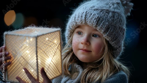 Child's joyful discovery of illuminated lantern in winter night scene