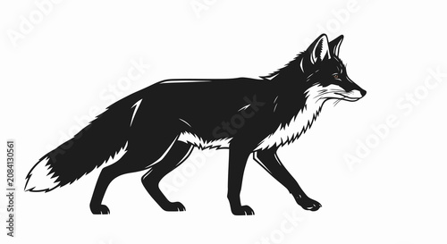 Photos Detailed black and white illustration of a walking fox in profile view