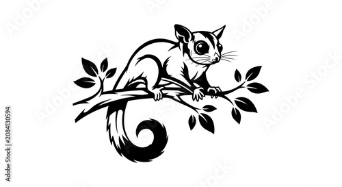 Obraz na plátně Detailed illustration of a flying squirrel perched on a leafy tree branch with expressive eyes and bushy tail