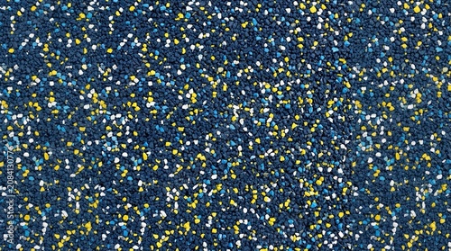 Macro texture of deep navy blue recycled rubber playground surfacing
    speckled with yellow and white, sports background.
