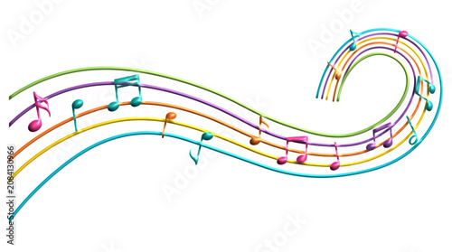 Abstract Colorful Musical Notes and Wavy Staff Lines on White Background