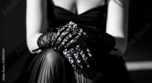 Elegant woman wearing black lace gloves and stylish black dress sitting with hands folded in a sophisticated pose for fashion and luxury themed photography
