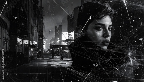 A grayscale artwork featuring a woman in a city street. The image has a textured overlay with a blurred background