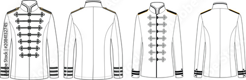 Fashion flat sketch of military style hussar jacket template with ornate trefoil frog closures front and back views