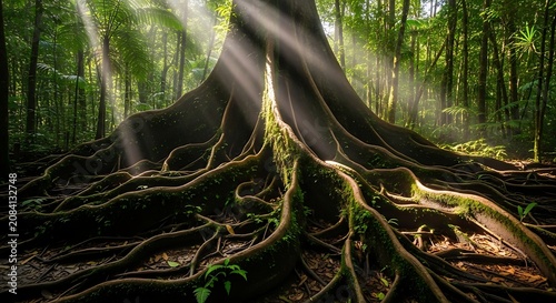 Ancient Rainforest Tree with Massive Buttress Roots and Sunbeams