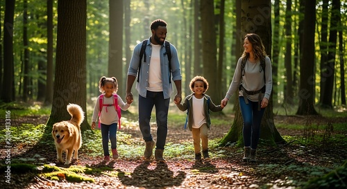 Happy Multiethnic Family Hiking in Forest with Their Dog
