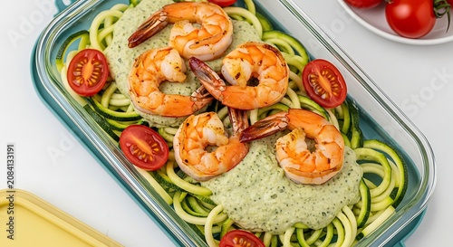 Healthy Shrimp Zucchini Noodles with Pesto Sauce in Meal Prep Container