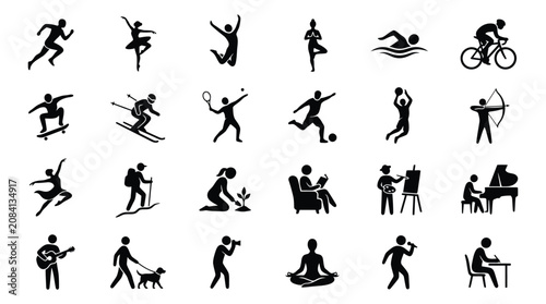 Diverse Human Activities and Hobbies Black Silhouettes Vector Icon Set