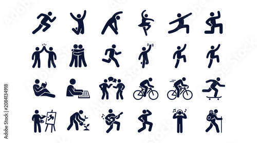 Human Activities Stick Figure Icons Set Lifestyle Sports Hobbies and Daily Life Pictograms
