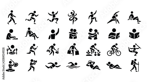 Diverse Human Activities and Lifestyle Icons Set Daily Life Hobbies Sports and Recreation Vector Silhouettes