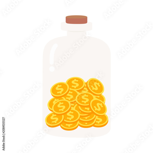 Golden coins glass bottle. Financial, investment, banking, saving, wealth concept. Flat vector design isolated illustration.