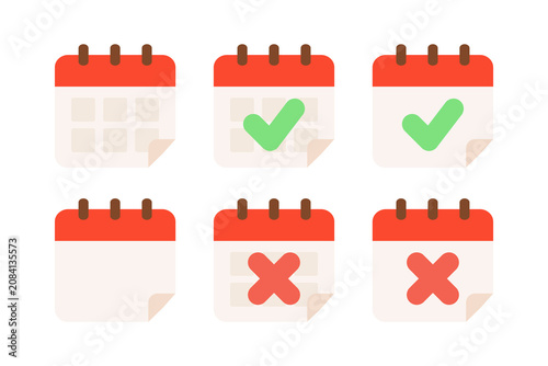 Calendar icon set. Calendar with tick check and cross mark. Business appointment, planner, agenda, meeting concepts. Flat vector design isolated illustration.
