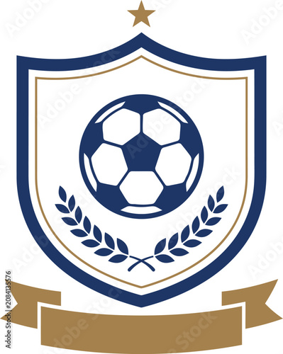 Soccer emblem with ball and laurels on a shield with golden ribbon vector illustration