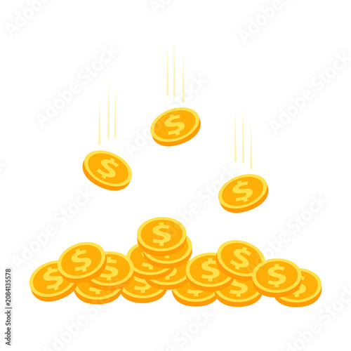 Falling gold coins. Business, financial, investment, profit, wealth concepts. Flat vector design isolated illustration.