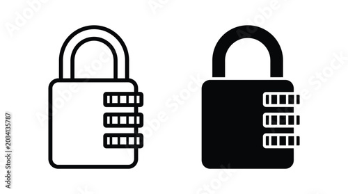 Combination padlock icons with numerical dials in outline and solid black graphic styles security combination protection mechanism minimalist password mechanical