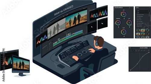 Tableau sur toile Isometric video editing and color grading suite vector illustration with coloris