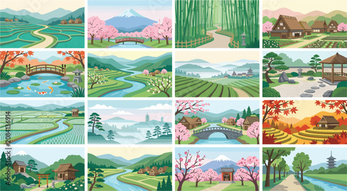 Obraz na plátně Japanese traditional landscape vector bundle with rice terraces cherry blossoms