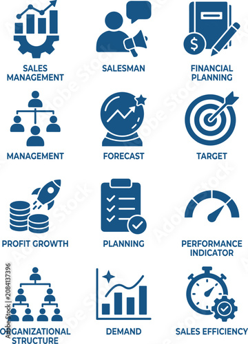 Business management icons set, financial planning and sales strategy vector elements, 12 corporate performance and organizational structure symbols