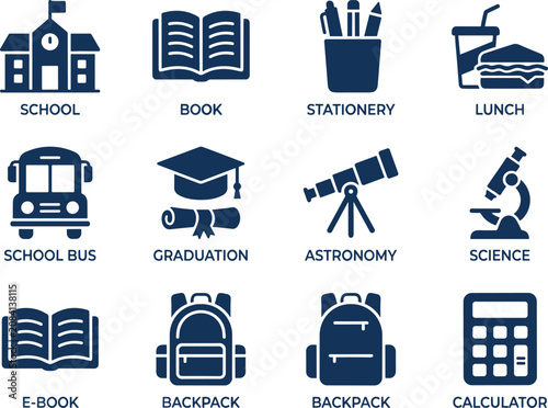 School and education icon set, 12 blue flat vector symbols for learning and teaching, academic stationery and classroom equipment collection