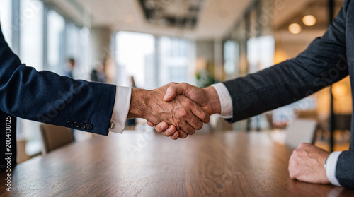 Professional business handshake between two men, signifying agreement and partnership in a corporate meeting.