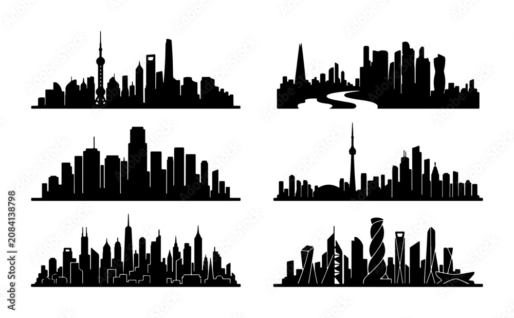 Fototapeta premium Black Silhouette Cityscapes, Urban Skylines Collection, Modern Architecture Vector Graphics, Downtown City Views, Business District Silhouettes, Metropolitan Panorama
