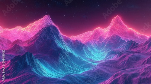 Luminous mountain landscape with vibrant magenta and cyan hues under a starlit sky
