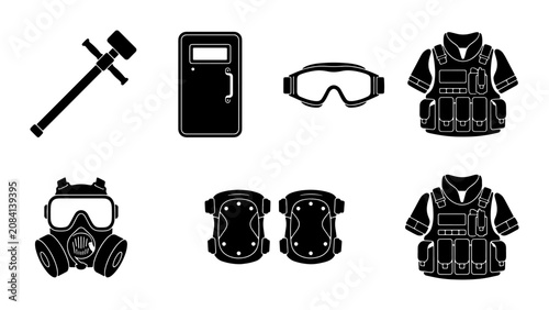 Tableau sur toile Tactical Gear Icons: Riot Shield, Gas Mask, Body Armor, Goggles, Knee Pads, Baton Set