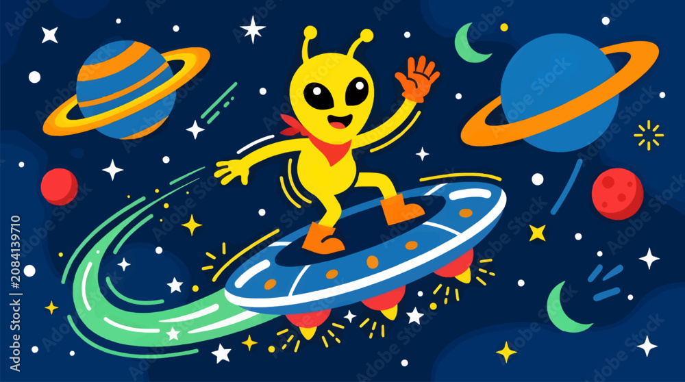 Fototapeta premium Playful Yellow Alien Surfing a UFO Through Outer Space, Surrounded by Planets, Stars, and a Green Comet Trail, Flat Design Illustration